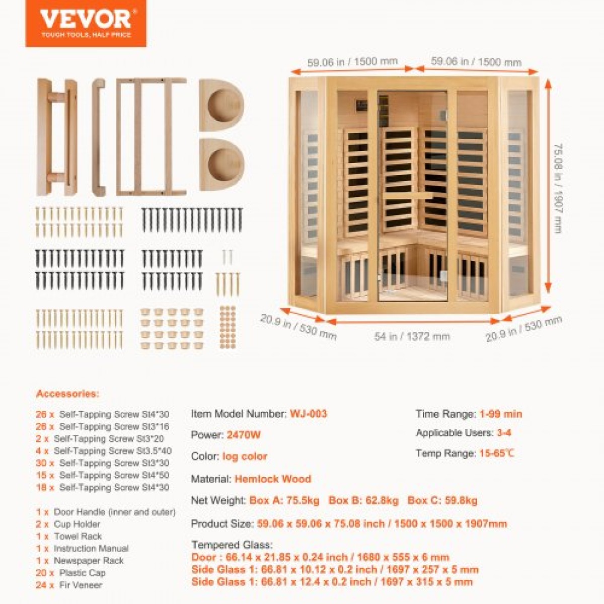 VEVOR Far Infrared Wood Sauna, Room Home Sauna Spa για 3 έως 4 Άτομα, Χαμηλή EMF Far Infrared Ξύλινη Σάουνα με σκληρυμένη γυάλινη πόρτα & ηχεία Bluetooth & φώτα χρωμοθεραπείας, 2470W εσωτερικού χώρου