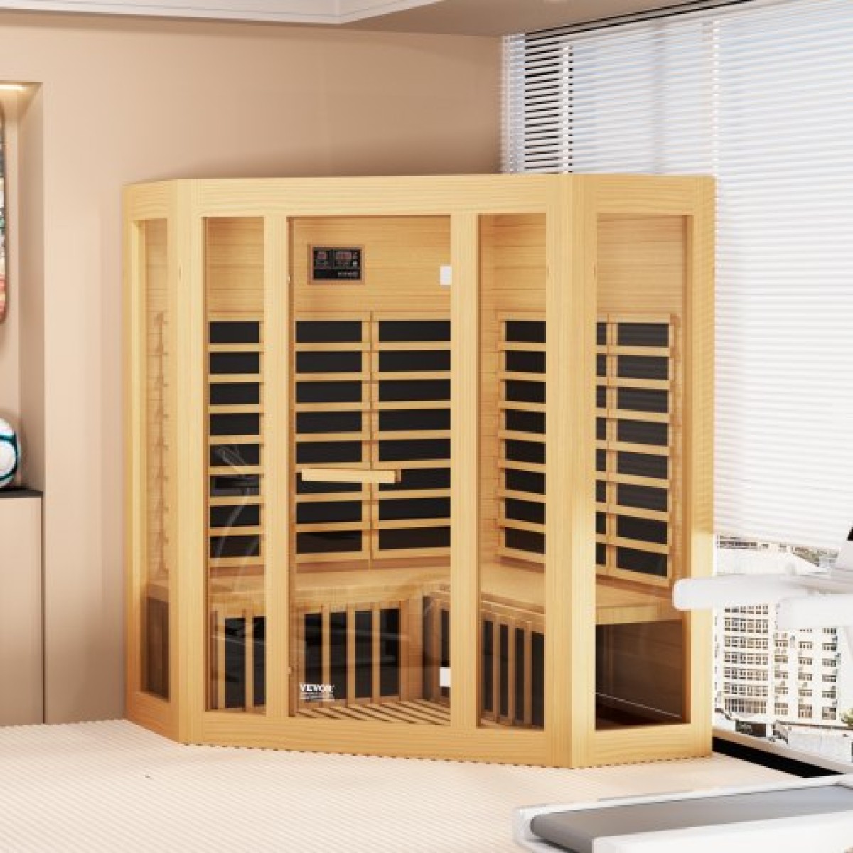 VEVOR Far Infrared Wood Sauna, Room Home Sauna Spa για 3 έως 4 Άτομα, Χαμηλή EMF Far Infrared Ξύλινη Σάουνα με σκληρυμένη γυάλινη πόρτα & ηχεία Bluetooth & φώτα χρωμοθεραπείας, 2470W εσωτερικού χώρου