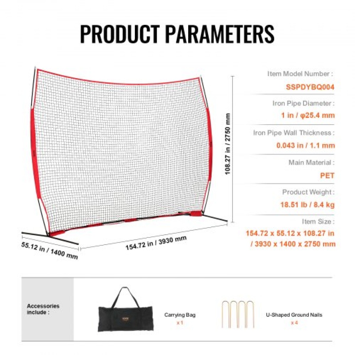 VEVOR Barricade Backstop Net, αθλητικό δίχτυ 12x9 ft με μπάλα, φορητός εξοπλισμός εξάσκησης με τσάντα μεταφοράς, οθόνη προστασίας για προπόνηση ποδοσφαίρου λακρός ποδοσφαίρου μπέιζμπολ για προπόνηση χόκεϊ, για πίσω αυλή