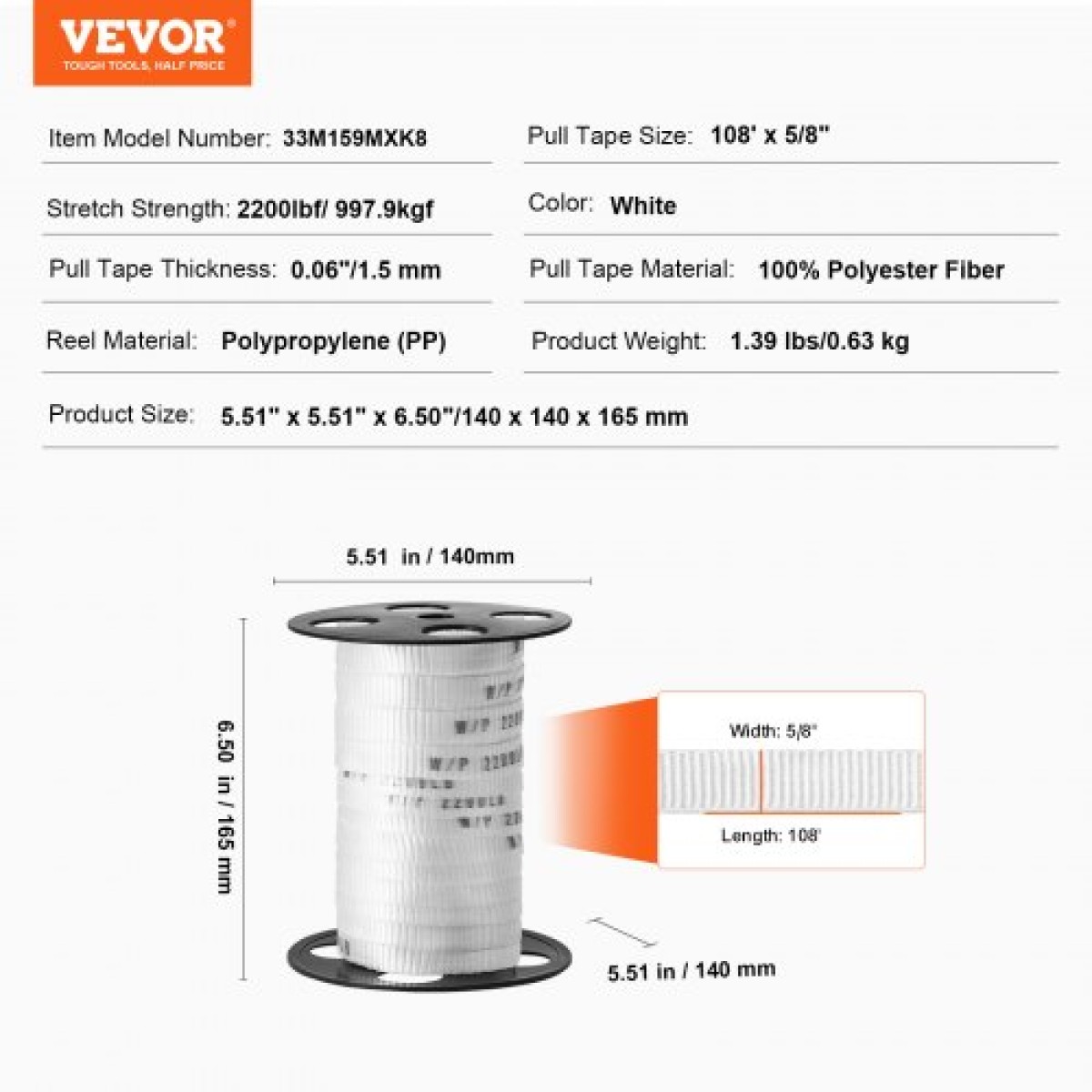 VEVOR Πολυεστερική ταινία έλξης Mule Tape 5/8" x 108' 2200 lbf Χωρητικότητα εφελκυσμού