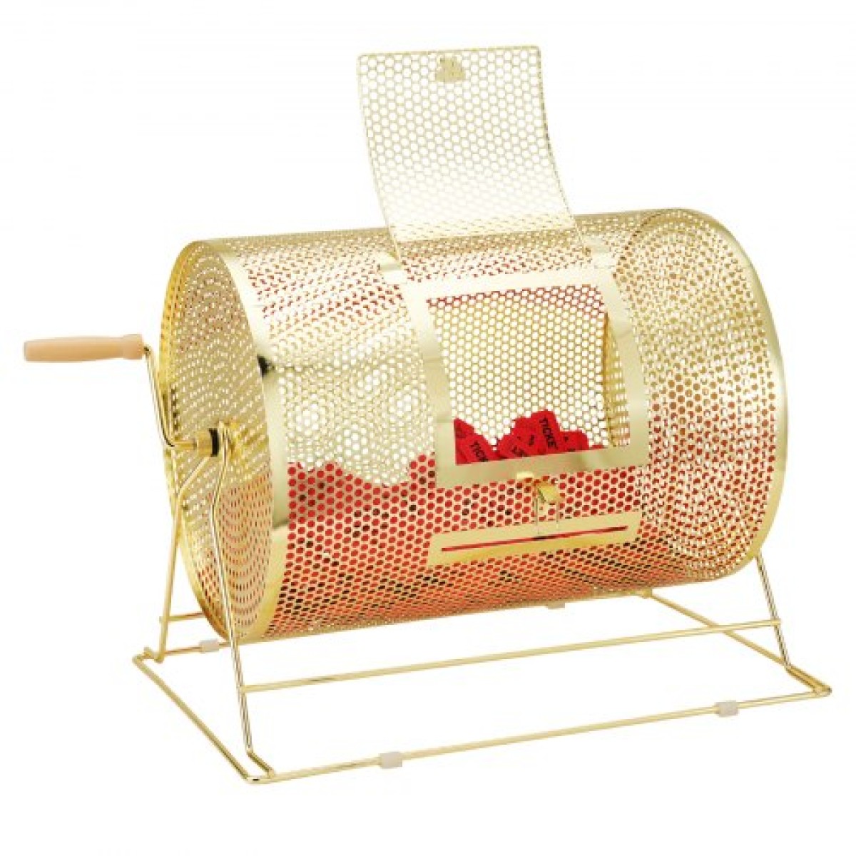 VEVOR Raffle Drum, 16,1 x Ø12 ιντσών Brass Plated Ticket Raffle Spinning Cage, Χωράει 5000 εισιτήρια ή 200 μπάλες πινγκ πονγκ, μεταλλικό σχέδιο λοταρίας με ξύλινη περιστροφική λαβή, για μέρος ψηφοδελτίων Bingo