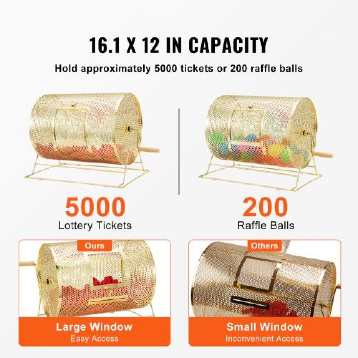 VEVOR Raffle Drum, 16,1 x Ø12 ιντσών Brass Plated Ticket Raffle Spinning Cage, Χωράει 5000 εισιτήρια ή 200 μπάλες πινγκ πονγκ, μεταλλικό σχέδιο λοταρίας με ξύλινη περιστροφική λαβή, για μέρος ψηφοδελτίων Bingo