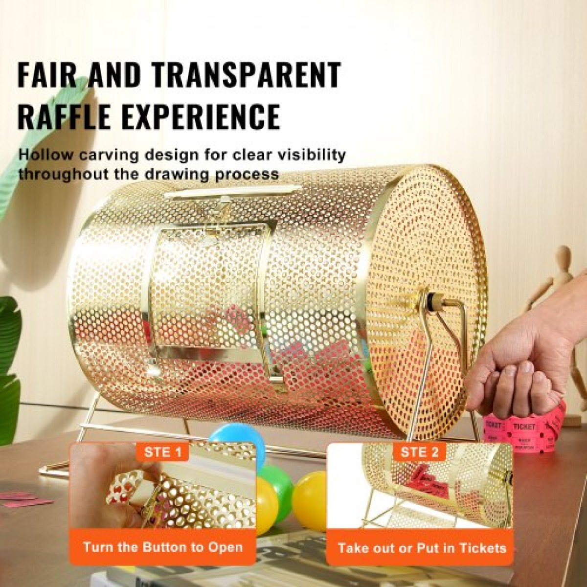 VEVOR Raffle Drum, 16,1 x Ø12 ιντσών Brass Plated Ticket Raffle Spinning Cage, Χωράει 5000 εισιτήρια ή 200 μπάλες πινγκ πονγκ, μεταλλικό σχέδιο λοταρίας με ξύλινη περιστροφική λαβή, για μέρος ψηφοδελτίων Bingo