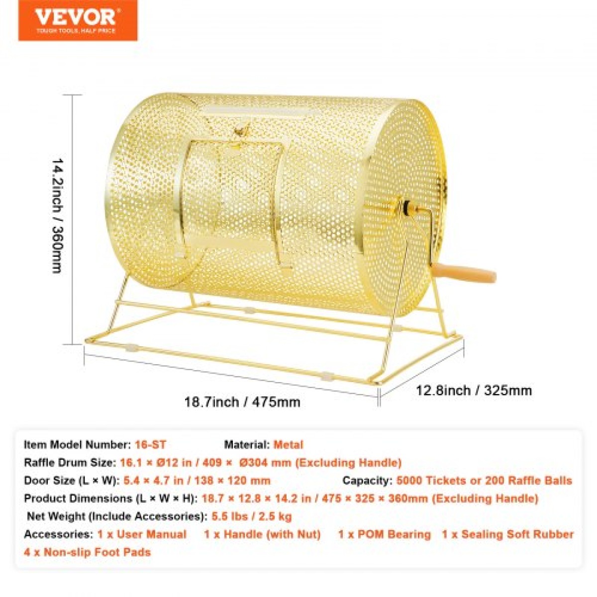 VEVOR Raffle Drum, 16,1 x Ø12 ιντσών Brass Plated Ticket Raffle Spinning Cage, Χωράει 5000 εισιτήρια ή 200 μπάλες πινγκ πονγκ, μεταλλικό σχέδιο λοταρίας με ξύλινη περιστροφική λαβή, για μέρος ψηφοδελτίων Bingo