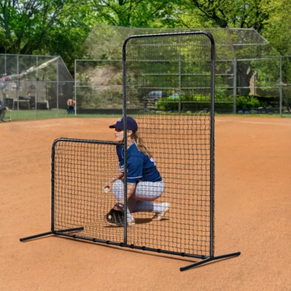 VEVOR L Screen Baseball για Batting Cage, 7x7 ft Baseball Softball Screen Safety, Body Protector Φορητή οθόνη κτύπημα με τσάντα μεταφοράς και πάσσαλοι εδάφους, Heavy Duty Pitching Net for Pitchers Protection