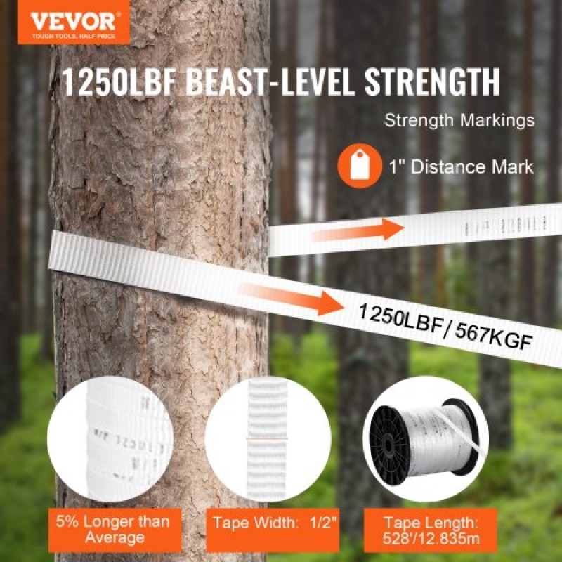 VEVOR Polyester Pull Tape, 1/2" x 528' Mule Tape Flat Rope, 1250 lbf Tensile Capacity, Printed Webbing Cable Pulling Tape for Packaging, Gardening, Commercial Electrical, Conduit Work, White