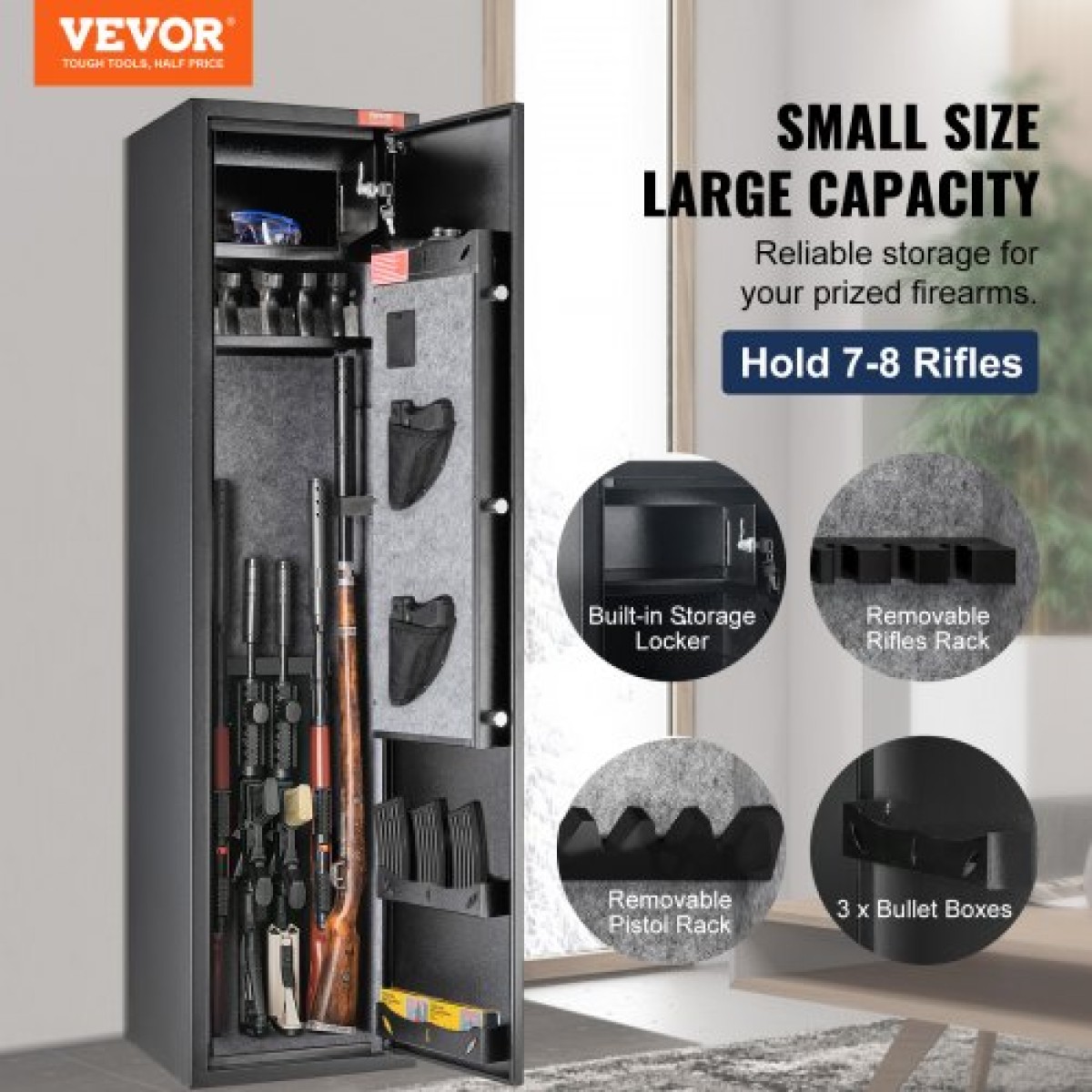 VEVOR 6 Rifles Gun Safe, Rifle Safe με ψηφιακό πληκτρολόγιο & κλειδαριά, ντουλάπι αποθήκευσης όπλων με ενσωματωμένο ντουλάπι αποθήκευσης, αφαιρούμενο ράφι αποθήκευσης για Home Long Gun και πιστόλια