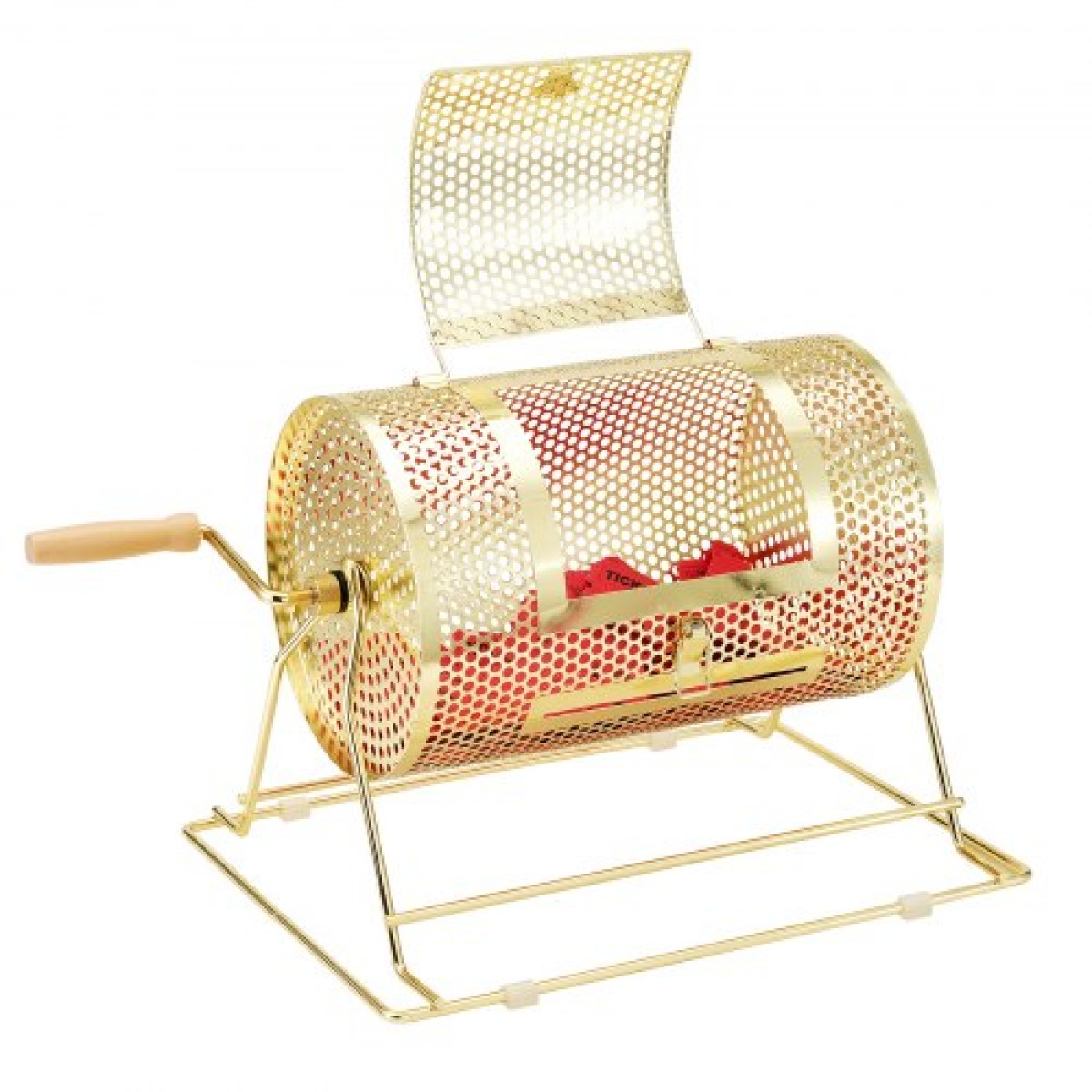 VEVOR Raffle Drum, 11,6 x Ø7,48 ιντσών Brass Plated Ticket Raffle Spinning Cage, Χωράει 2500 εισιτήρια ή 100 μπάλες πινγκ πονγκ, μεταλλικό σχέδιο λοταρίας με ξύλινη περιστροφική λαβή, για κάλπες Bingo Pa