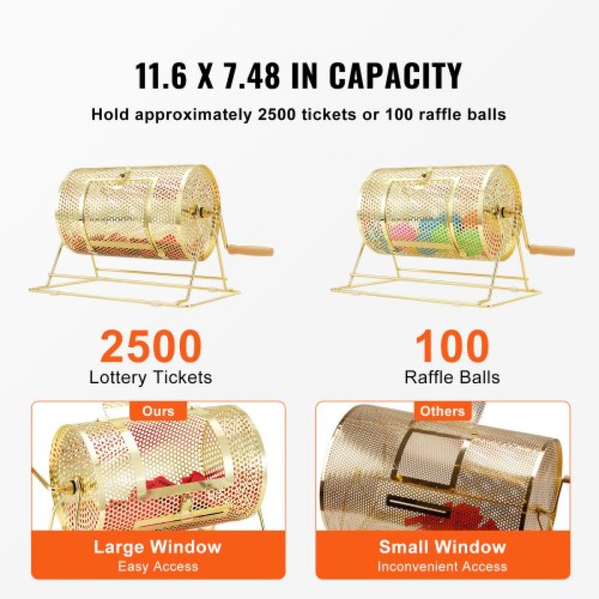 VEVOR Raffle Drum, 11,6 x Ø7,48 ιντσών Brass Plated Ticket Raffle Spinning Cage, Χωράει 2500 εισιτήρια ή 100 μπάλες πινγκ πονγκ, μεταλλικό σχέδιο λοταρίας με ξύλινη περιστροφική λαβή, για κάλπες Bingo Pa