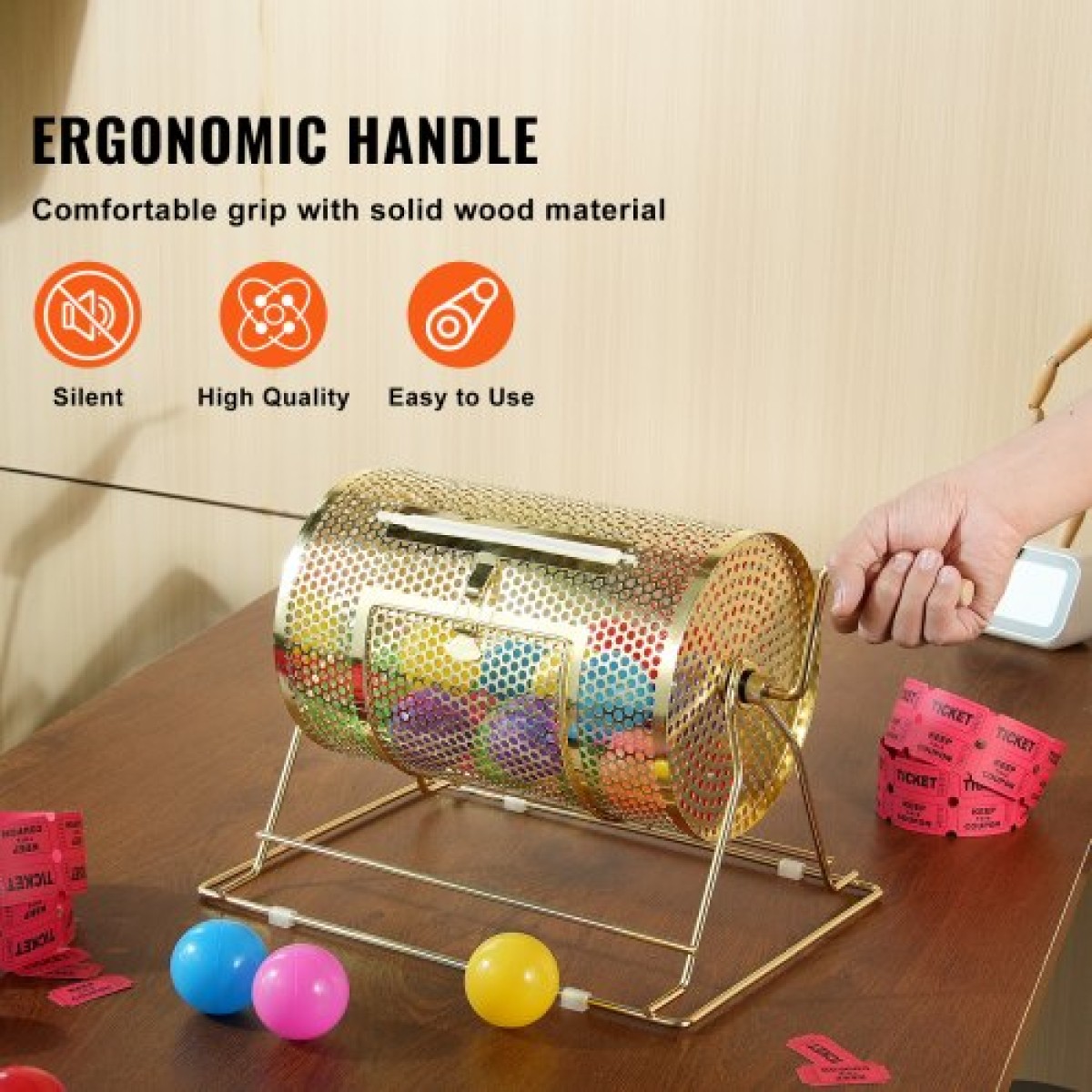 VEVOR Raffle Drum, 11,6 x Ø7,48 ιντσών Brass Plated Ticket Raffle Spinning Cage, Χωράει 2500 εισιτήρια ή 100 μπάλες πινγκ πονγκ, μεταλλικό σχέδιο λοταρίας με ξύλινη περιστροφική λαβή, για κάλπες Bingo Pa