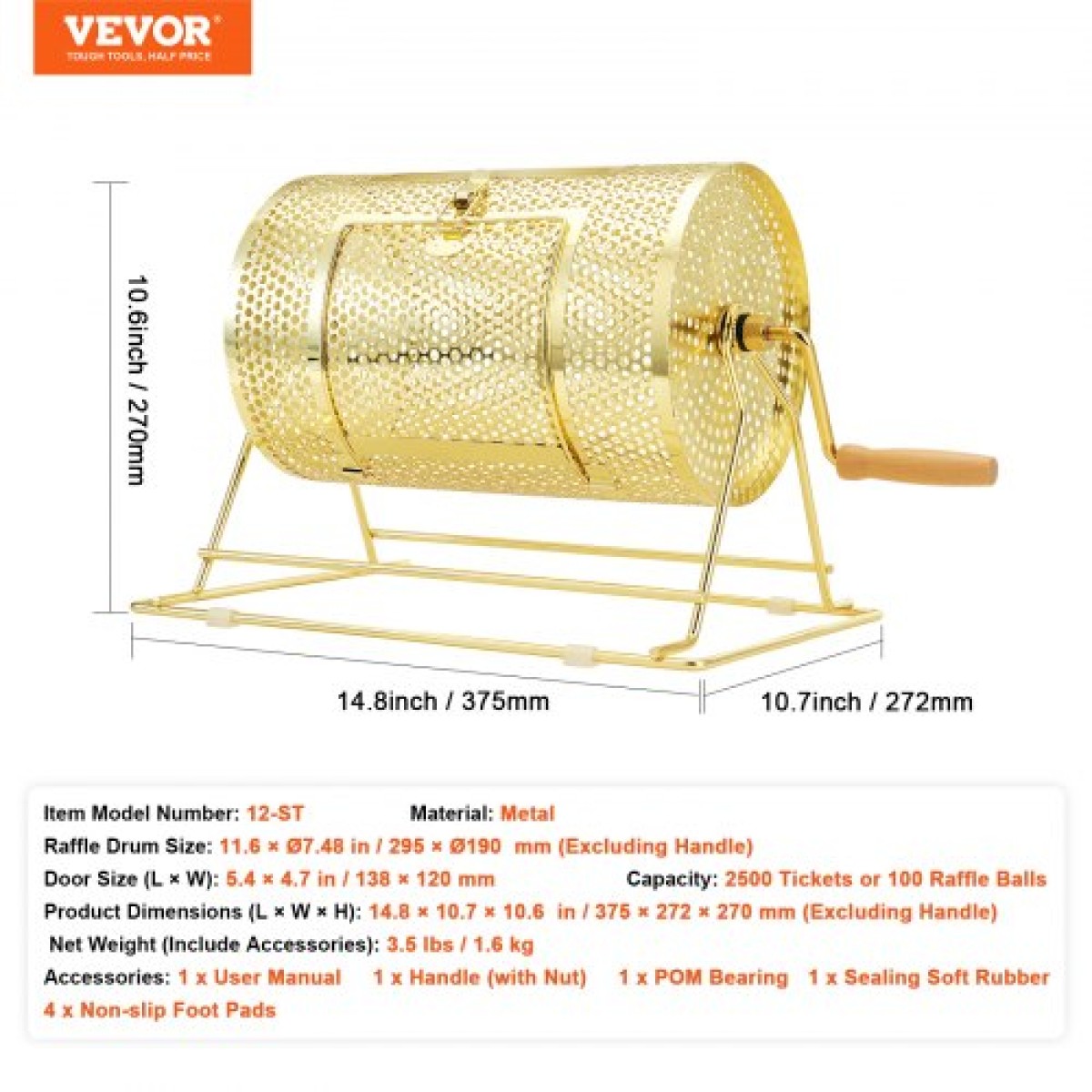 VEVOR Raffle Drum, 11,6 x Ø7,48 ιντσών Brass Plated Ticket Raffle Spinning Cage, Χωράει 2500 εισιτήρια ή 100 μπάλες πινγκ πονγκ, μεταλλικό σχέδιο λοταρίας με ξύλινη περιστροφική λαβή, για κάλπες Bingo Pa