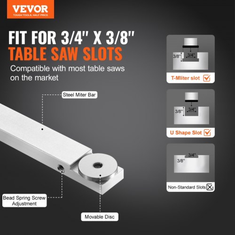 VEVOR Precision Miter Gauge, τυπική υποδοχή 19 x 9,5 mm, επιτραπέζιο κράμα αλουμινίου μετρητή κοπής με σχάρα 45,7 cm με ρυθμιζόμενο έμβολο με ελατήριο και αφαιρούμενο δίσκο, για επεξεργασία ξύλου