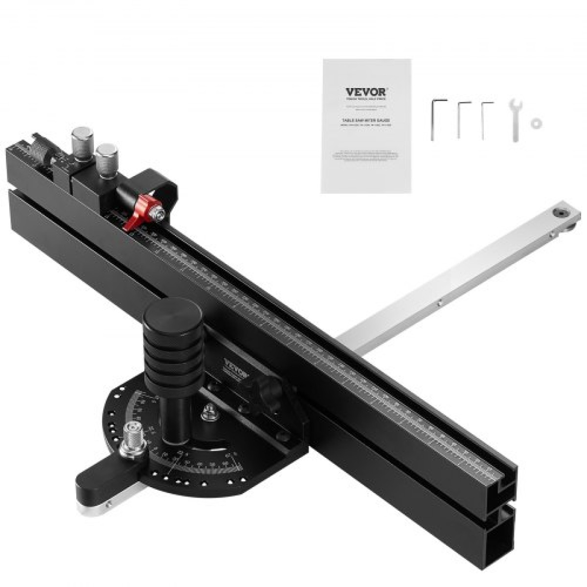 VEVOR Precision Miter Gauge, τυπική υποδοχή 19 x 9,5 mm, επιτραπέζιο κράμα αλουμινίου μετρητή κοπής με σχάρα 45,7 cm με ρυθμιζόμενο έμβολο με ελατήριο και αφαιρούμενο δίσκο, για επεξεργασία ξύλου