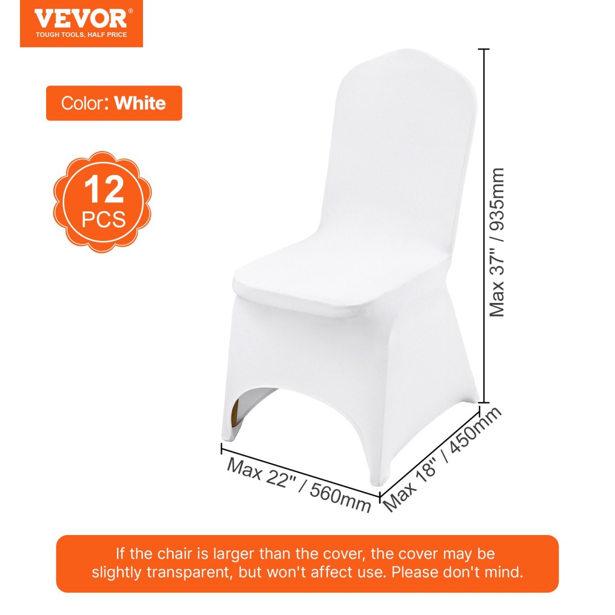 Πτυσσόμενα καλύμματα καρέκλας VEVOR Stretch Spandex, Universal Εφαρμοσμένο κάλυμμα καρέκλας, Αφαιρούμενα πλενόμενα προστατευτικά καλύμματα, για γάμους, διακοπές, συμπόσιο, πάρτι, γιορτή, δείπνο (12 τμχ Λευκό)