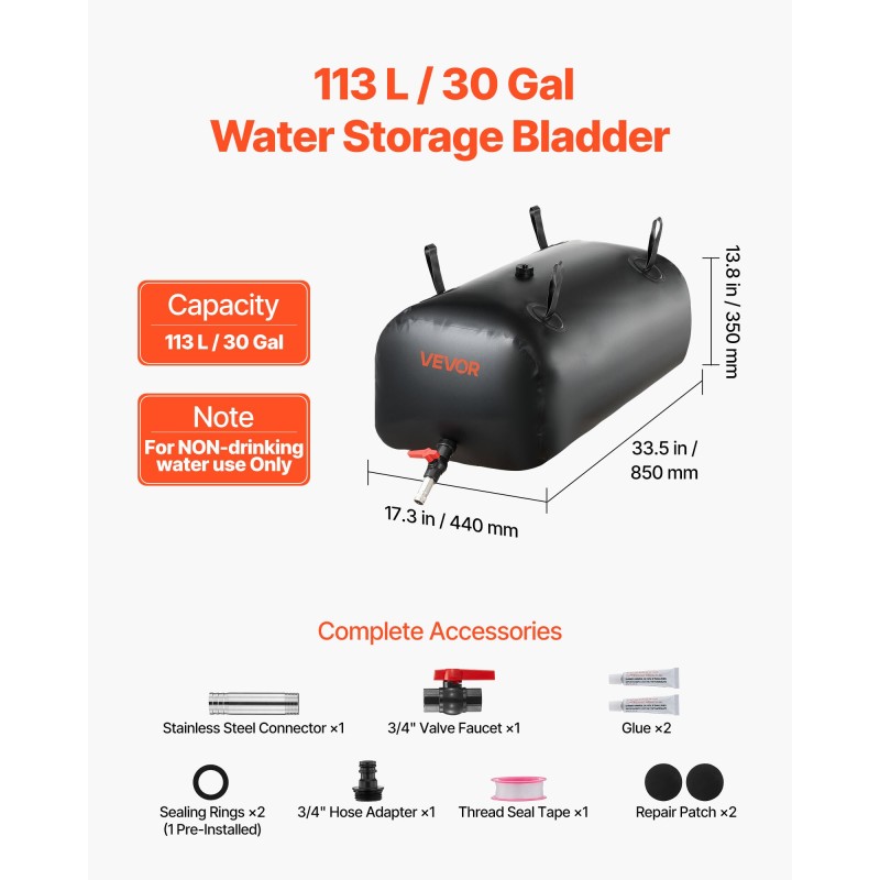 VEVOR Water Storage Bladder, 113L φορητή & πτυσσόμενη τσάντα αποθήκευσης νερού, ανθεκτική στη φθορά 1000D PVC τσάντα μαλακών νερών, στεγανά δοχεία κάμπινγκ για άρδευση κήπου RV έκτακτης ανάγκης, Μαύρο