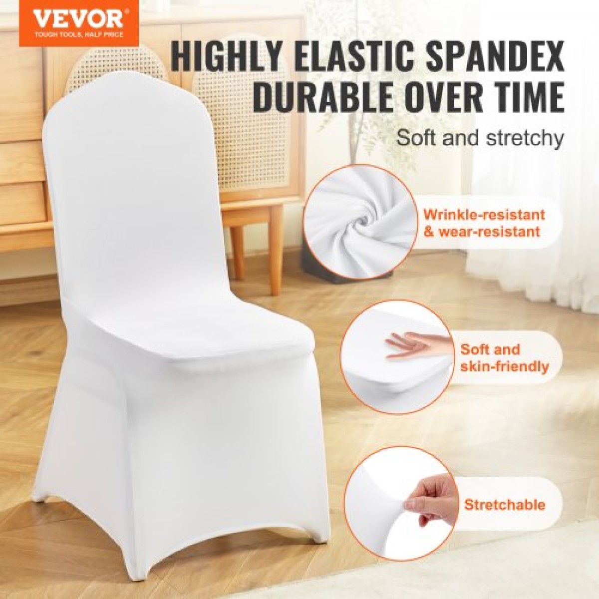 Πτυσσόμενα καλύμματα καρέκλας VEVOR Stretch Spandex, Universal Εφαρμοσμένο κάλυμμα καρέκλας, Αφαιρούμενα πλενόμενα προστατευτικά καλύμματα, για γάμους, διακοπές, συμπόσιο, πάρτι, γιορτή, δείπνο (30 τμχ Λευκό)