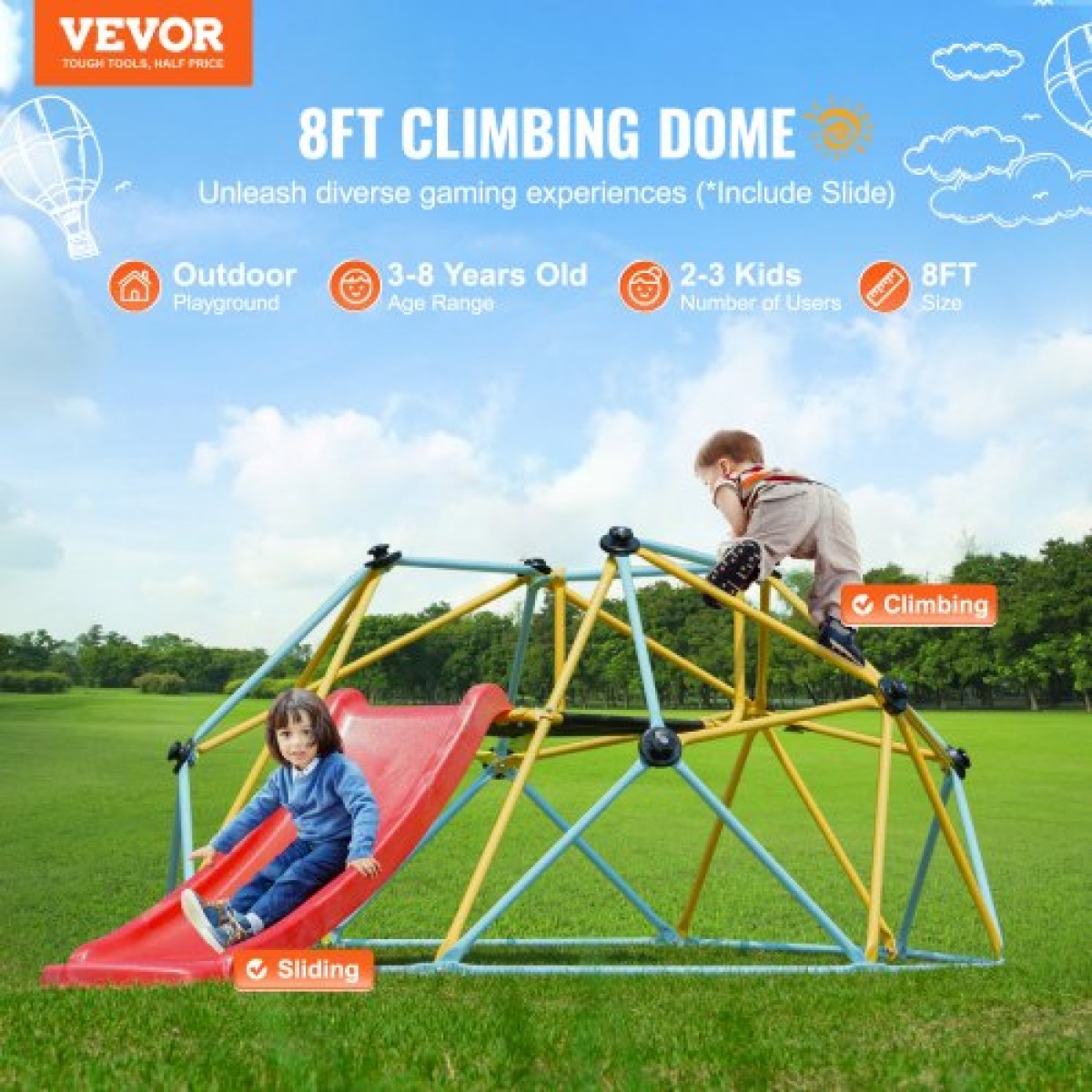 VEVOR Climbing Dome, 8FT Geometric Dome Climber με τσουλήθρα, για παιδιά 3 έως 9 ετών, Jungle Gym που υποστηρίζει 600LBS και εύκολη συναρμολόγηση, με λαβή αναρρίχησης, εξοπλισμό παιχνιδιού εξωτερικού χώρου και εσωτερικού χώρου για παιδιά