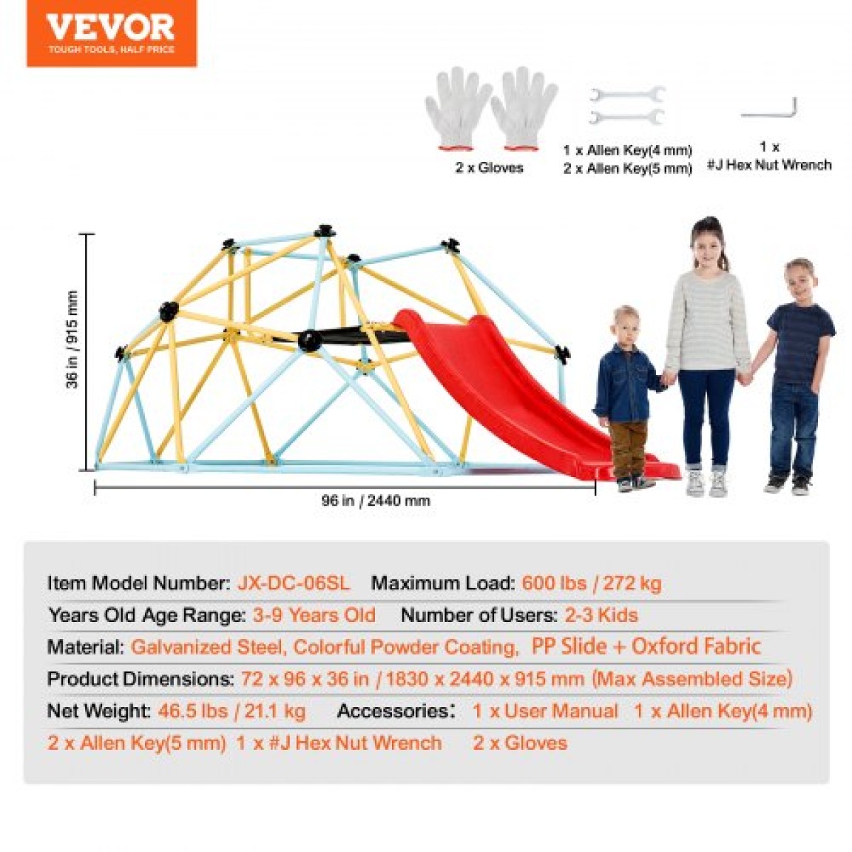 VEVOR Climbing Dome, 8FT Geometric Dome Climber με τσουλήθρα, για παιδιά 3 έως 9 ετών, Jungle Gym που υποστηρίζει 600LBS και εύκολη συναρμολόγηση, με λαβή αναρρίχησης, εξοπλισμό παιχνιδιού εξωτερικού χώρου και εσωτερικού χώρου για παιδιά