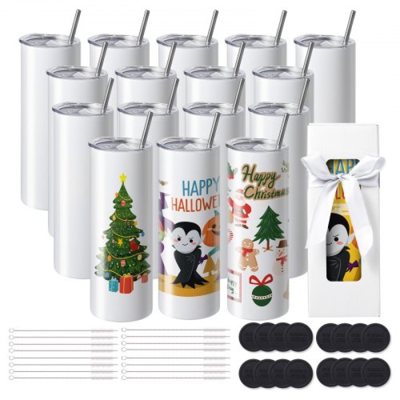 VEVOR 16 Pack Straight Sublimation Tumblers, 20 oz/567 g Blank Tumbler Bulk, από ανοξείδωτο χάλυβα διπλού τοιχώματος ποτηράκια με άχυρο, καπάκι, βούρτσα, βάση, συρρικνωμένο περιτύλιγμα, κουτί δώρου, για πρέσα θερμότητας και μεταφορά θερμότητας