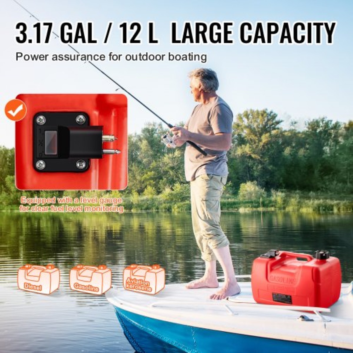 Δεξαμενή καυσίμου VEVOR Boat, 3,17-Gallon/12-L Marine Outboard Transfer Tank, Transfer Tank with 9,8ft Hose, Gauge for Outboard Engine, Yacht, Fishing Boat, Deck, Red