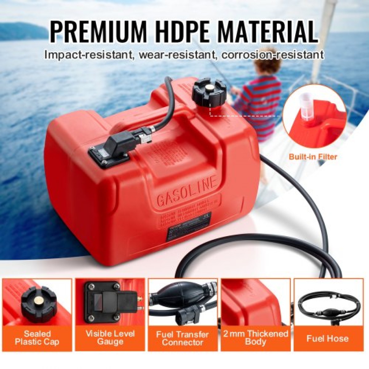 Δεξαμενή καυσίμου VEVOR Boat, 3,17-Gallon/12-L Marine Outboard Transfer Tank, Transfer Tank with 9,8ft Hose, Gauge for Outboard Engine, Yacht, Fishing Boat, Deck, Red