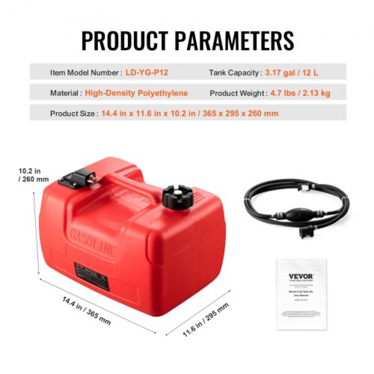 Δεξαμενή καυσίμου VEVOR Boat, 3,17-Gallon/12-L Marine Outboard Transfer Tank, Transfer Tank with 9,8ft Hose, Gauge for Outboard Engine, Yacht, Fishing Boat, Deck, Red