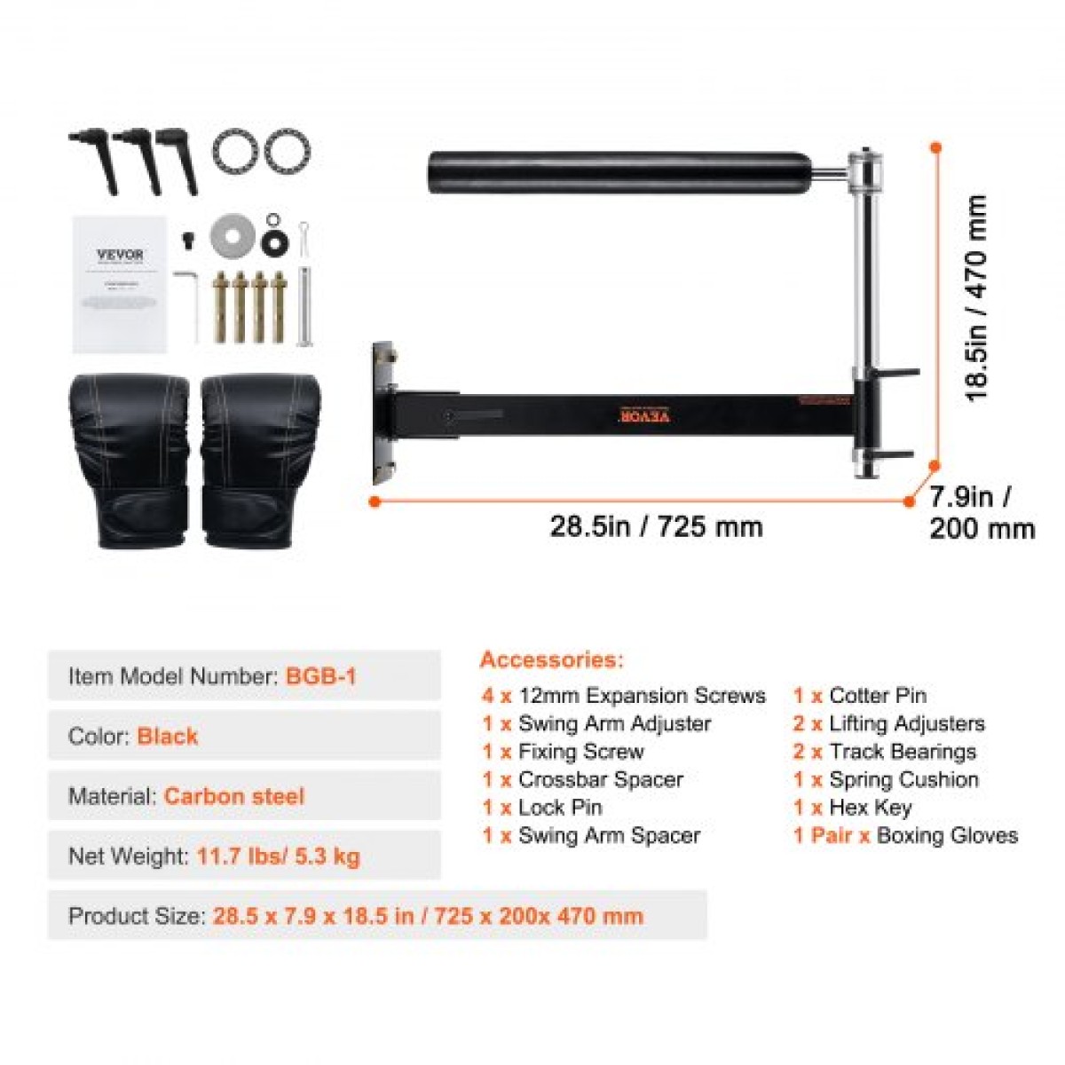 VEVOR Wall Mount Boxing Spinning Bar, Ρυθμιζόμενη Spinning Bar, Boxing Speed ​​Trainer με γάντια, Black Reflex Boxing Bar, Boxing Training Equipment for Kickboxing, MMA, Stress Relief, Fitness