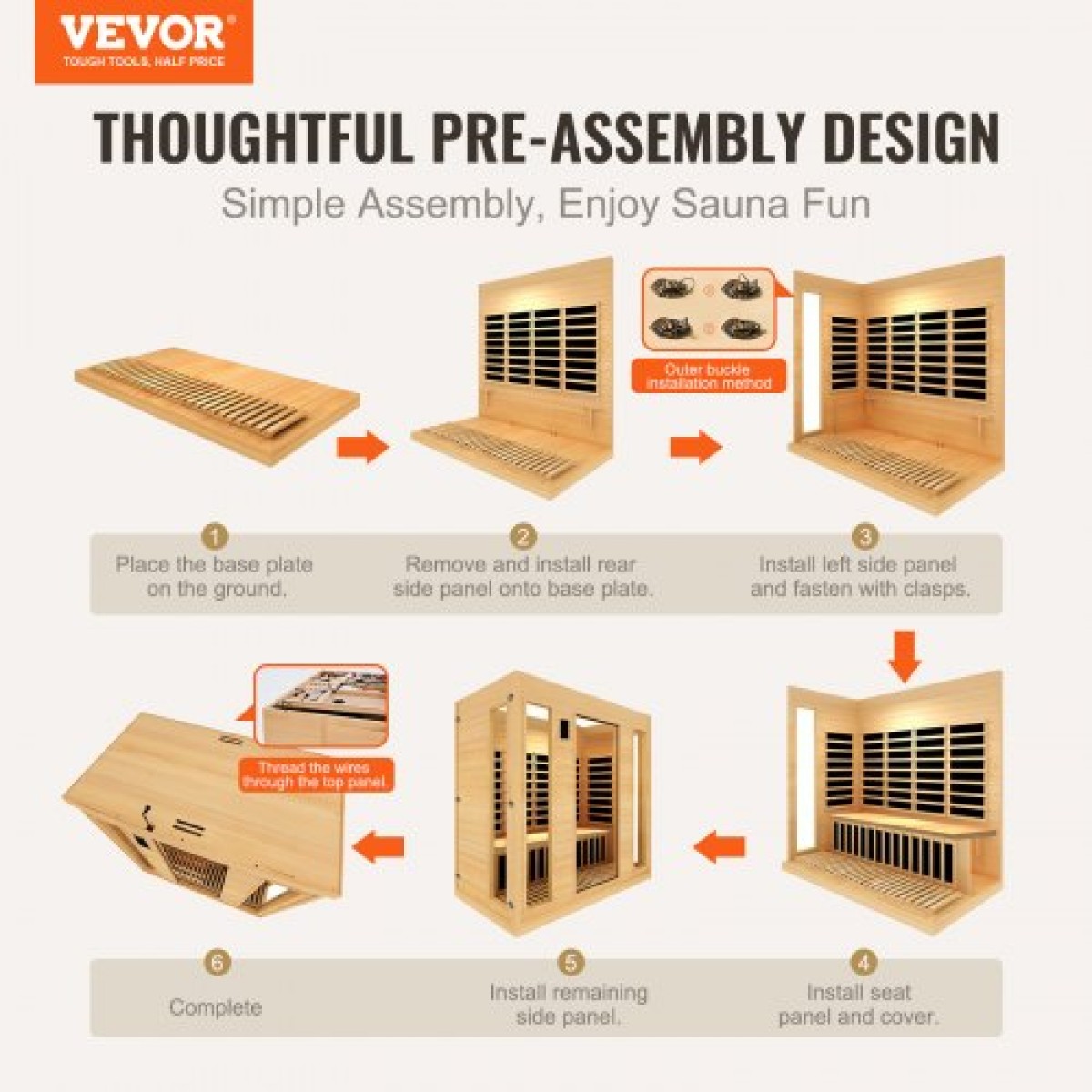 VEVOR Far Infrared Wooden Sauna, Room Home Sauna Spa για 3 έως 4 Άτομα, Χαμηλή EMF Far Infrared Ξύλινη σάουνα Hemlock με σκληρυμένη γυάλινη πόρτα & ηχεία Bluetooth & φώτα χρωμοθεραπείας, 2580W εσωτερικού χώρου