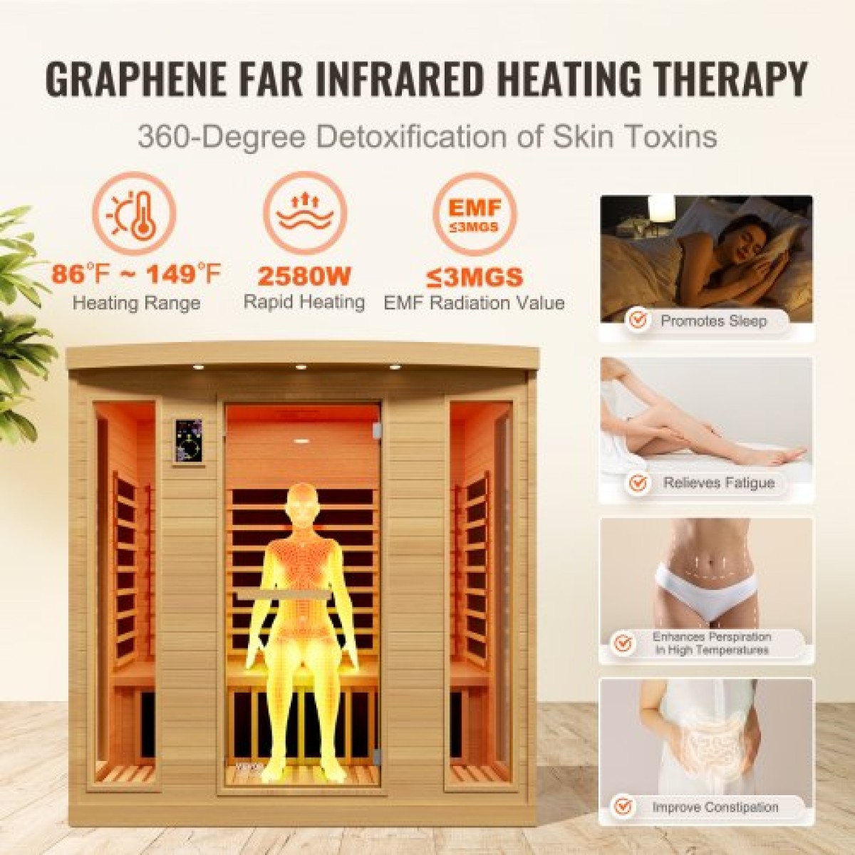 VEVOR Far Infrared Wooden Sauna, Room Home Sauna Spa για 3 έως 4 Άτομα, Χαμηλή EMF Far Infrared Ξύλινη σάουνα Hemlock με σκληρυμένη γυάλινη πόρτα & ηχεία Bluetooth & φώτα χρωμοθεραπείας, 2580W εσωτερικού χώρου