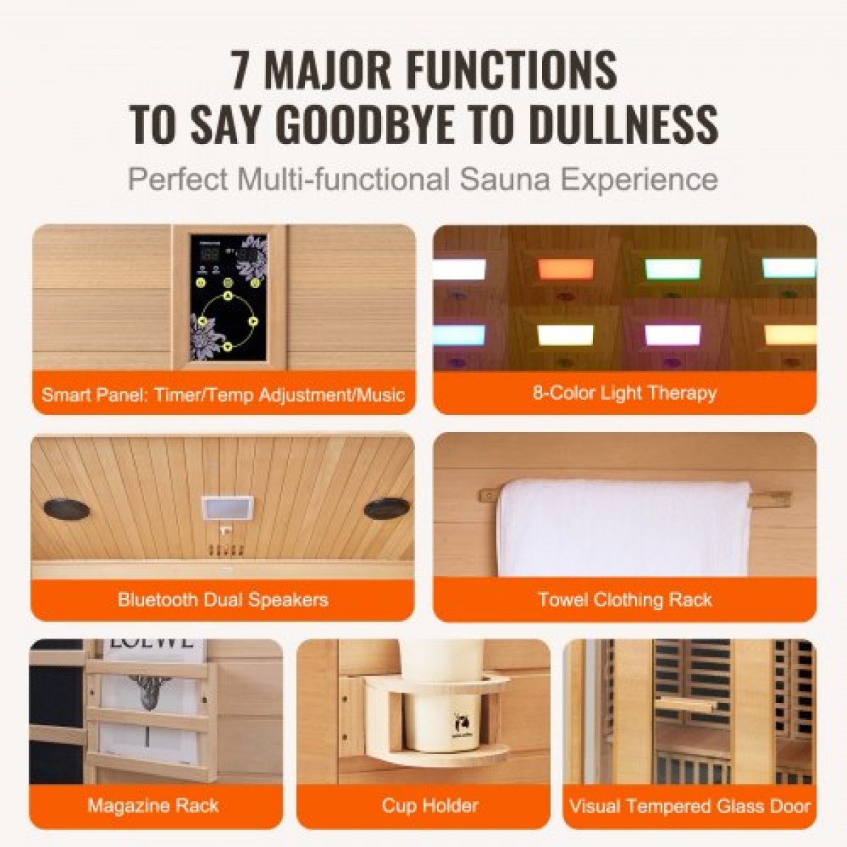 VEVOR Far Infrared Wooden Sauna, Room Home Sauna Spa για 3 έως 4 Άτομα, Χαμηλή EMF Far Infrared Ξύλινη σάουνα Hemlock με σκληρυμένη γυάλινη πόρτα & ηχεία Bluetooth & φώτα χρωμοθεραπείας, 2580W εσωτερικού χώρου