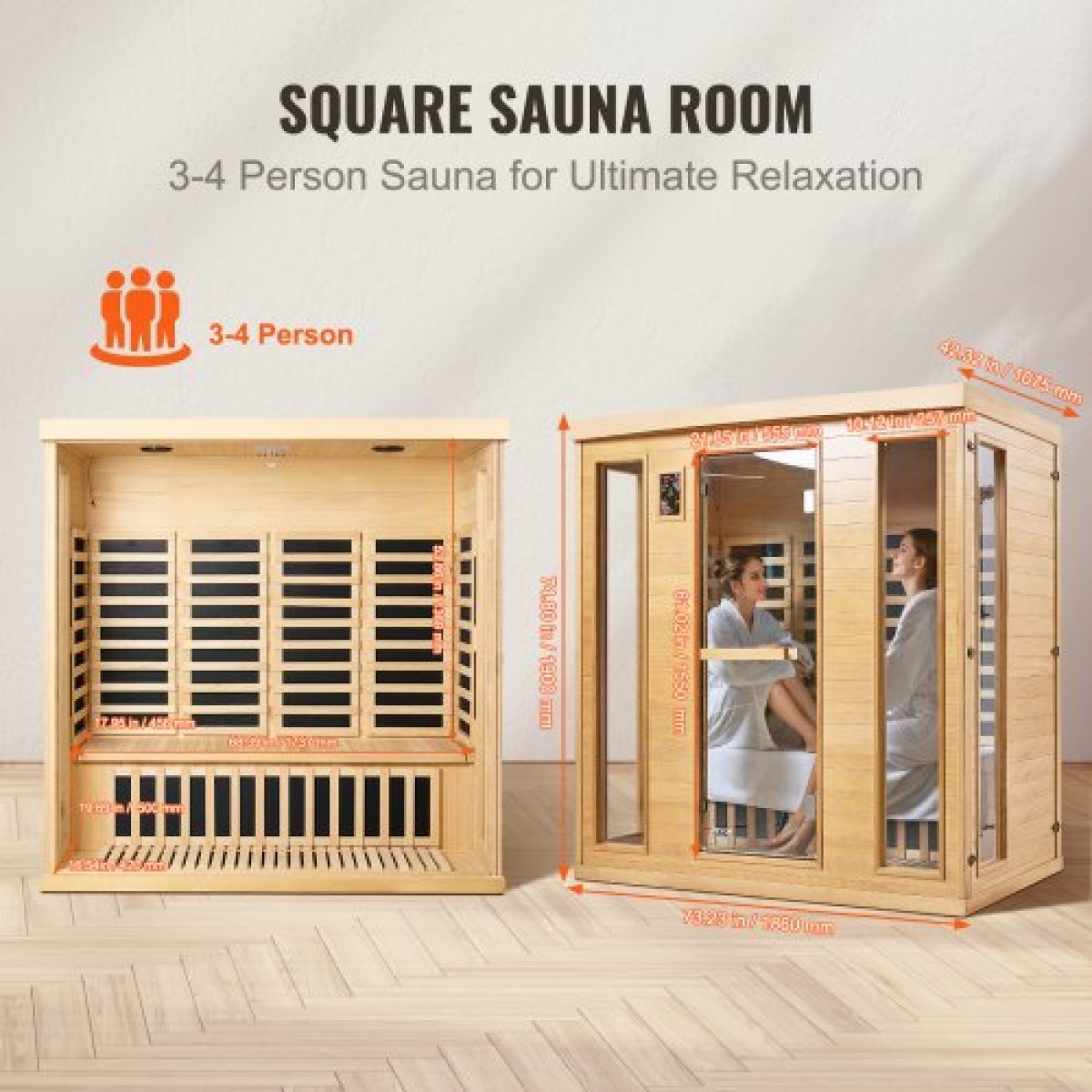 VEVOR Far Infrared Wooden Sauna, Room Home Sauna Spa για 3 έως 4 Άτομα, Χαμηλή EMF Far Infrared Ξύλινη σάουνα Hemlock με σκληρυμένη γυάλινη πόρτα & ηχεία Bluetooth & φώτα χρωμοθεραπείας, 2580W εσωτερικού χώρου