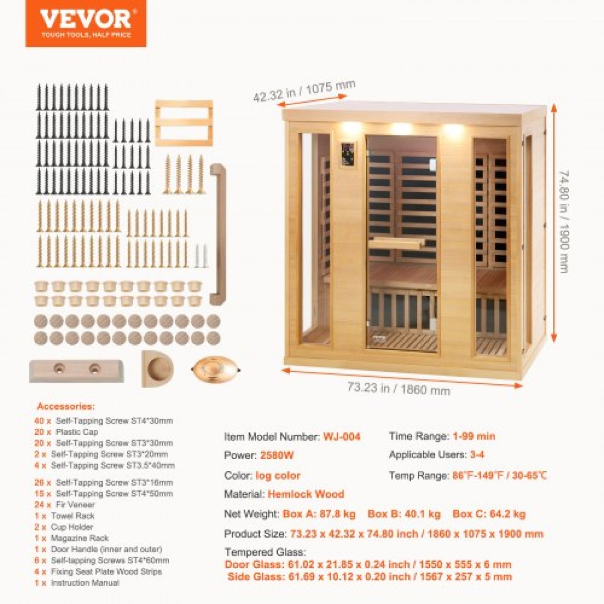 VEVOR Far Infrared Wooden Sauna, Room Home Sauna Spa για 3 έως 4 Άτομα, Χαμηλή EMF Far Infrared Ξύλινη σάουνα Hemlock με σκληρυμένη γυάλινη πόρτα & ηχεία Bluetooth & φώτα χρωμοθεραπείας, 2580W εσωτερικού χώρου