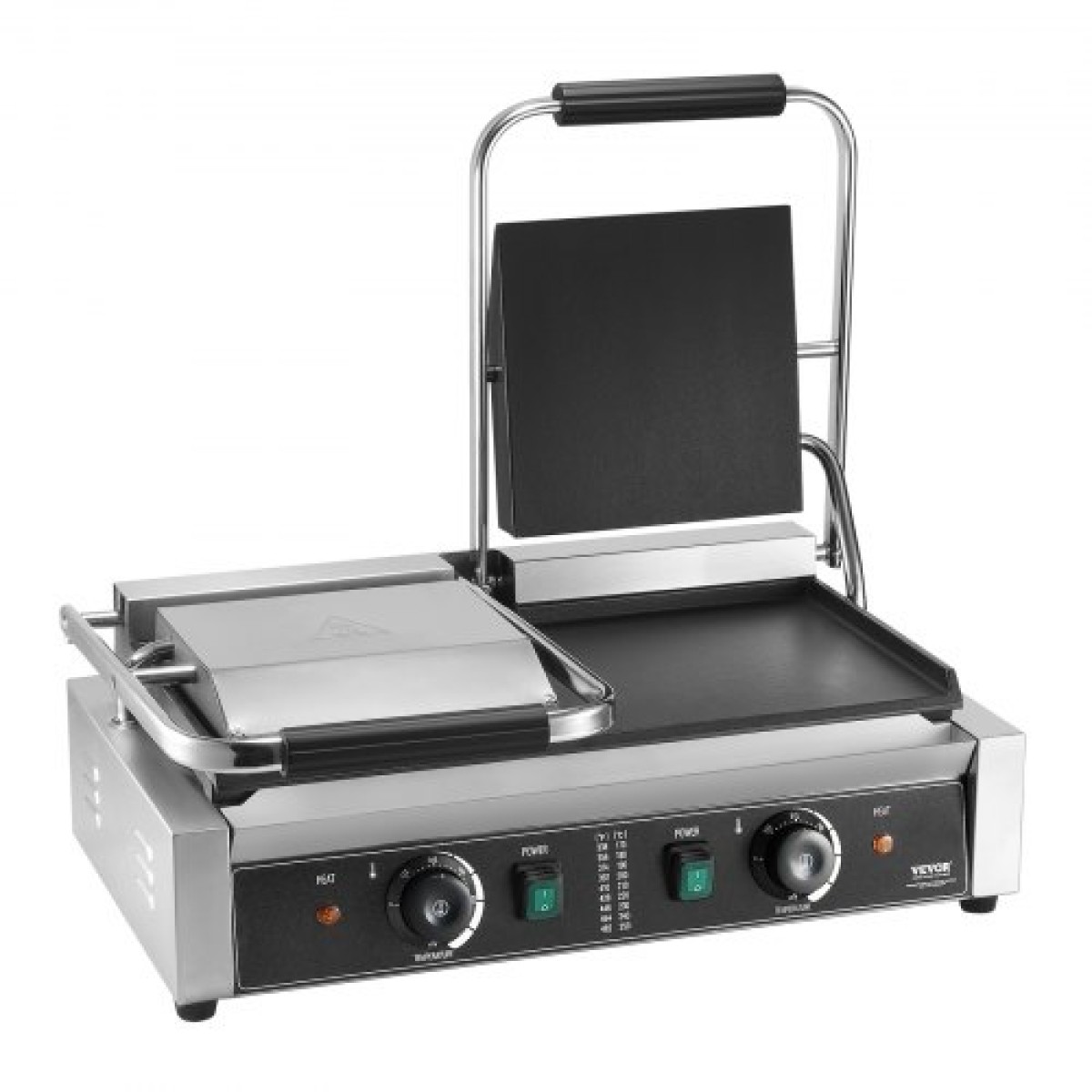 Εμπορική σχάρα Panini VEVOR, Ηλεκτρικό σάντουιτς Panini Maker 3600W, Ανοξείδωτη διπλή πρέσα σάντουιτς, ψησταριά Panini με έλεγχο θερμοκρασίας, 48x23cm Πλήρης επίπεδη εμαγιέ πλάκα, για μπριζόλα χάμπουργκερ μπέικον