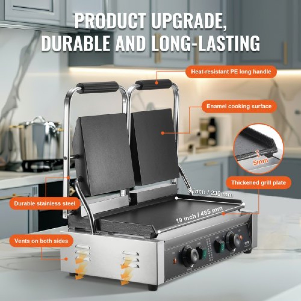 Εμπορική σχάρα Panini VEVOR, Ηλεκτρικό σάντουιτς Panini Maker 3600W, Ανοξείδωτη διπλή πρέσα σάντουιτς, ψησταριά Panini με έλεγχο θερμοκρασίας, 48x23cm Πλήρης επίπεδη εμαγιέ πλάκα, για μπριζόλα χάμπουργκερ μπέικον