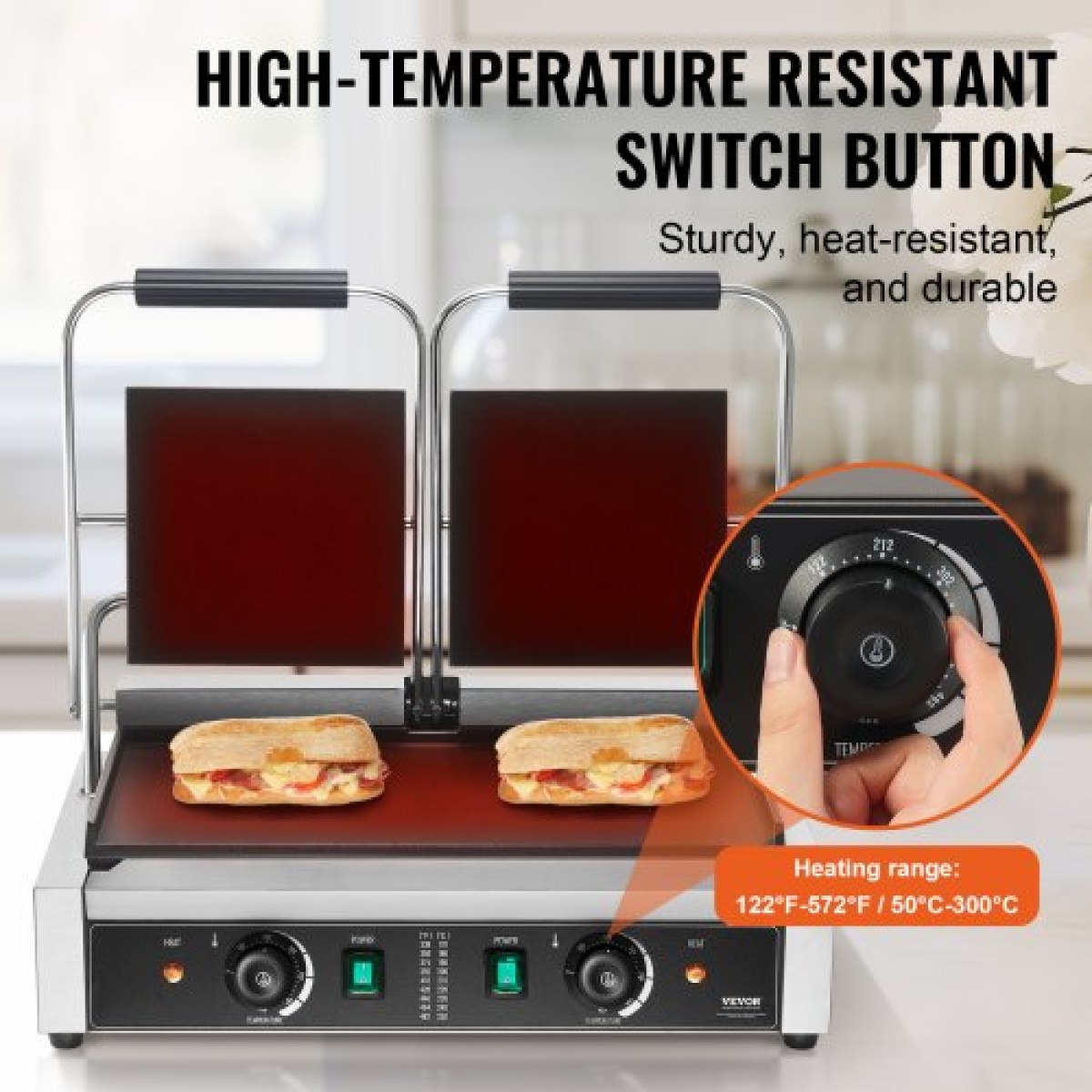 Εμπορική σχάρα Panini VEVOR, Ηλεκτρικό σάντουιτς Panini Maker 3600W, Ανοξείδωτη διπλή πρέσα σάντουιτς, ψησταριά Panini με έλεγχο θερμοκρασίας, 48x23cm Πλήρης επίπεδη εμαγιέ πλάκα, για μπριζόλα χάμπουργκερ μπέικον