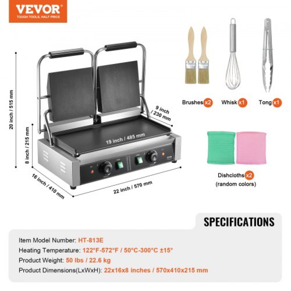 Εμπορική σχάρα Panini VEVOR, Ηλεκτρικό σάντουιτς Panini Maker 3600W, Ανοξείδωτη διπλή πρέσα σάντουιτς, ψησταριά Panini με έλεγχο θερμοκρασίας, 48x23cm Πλήρης επίπεδη εμαγιέ πλάκα, για μπριζόλα χάμπουργκερ μπέικον