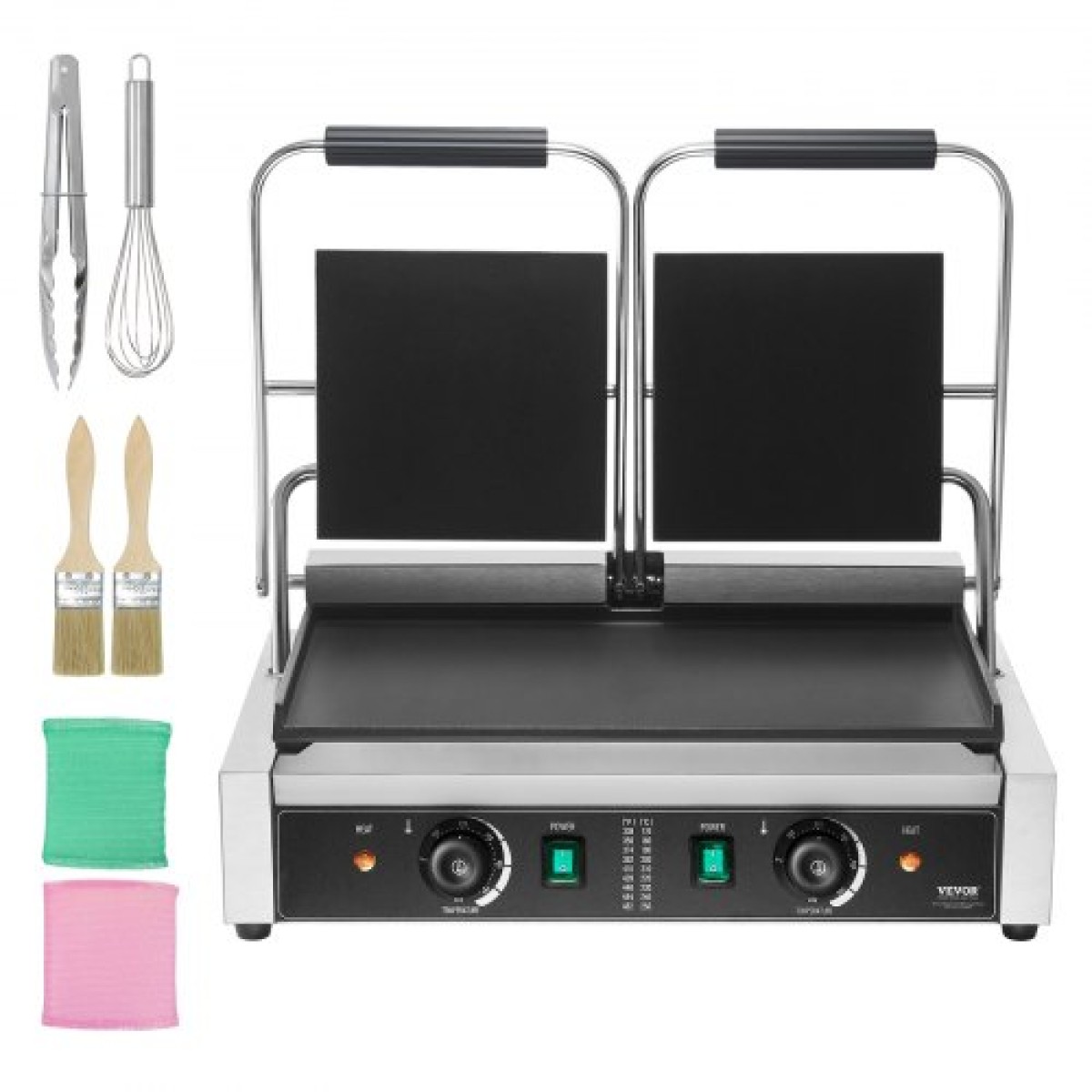 Εμπορική σχάρα Panini VEVOR, Ηλεκτρικό σάντουιτς Panini Maker 3600W, Ανοξείδωτη διπλή πρέσα σάντουιτς, ψησταριά Panini με έλεγχο θερμοκρασίας, 48x23cm Πλήρης επίπεδη εμαγιέ πλάκα, για μπριζόλα χάμπουργκερ μπέικον