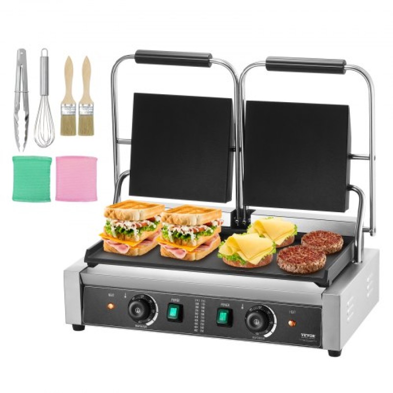 Εμπορική σχάρα Panini VEVOR, Ηλεκτρικό σάντουιτς Panini Maker 3600W, Ανοξείδωτη διπλή πρέσα σάντουιτς, ψησταριά Panini με έλεγχο θερμοκρασίας, 48x23cm Πλήρης επίπεδη εμαγιέ πλάκα, για μπριζόλα χάμπουργκερ μπέικον