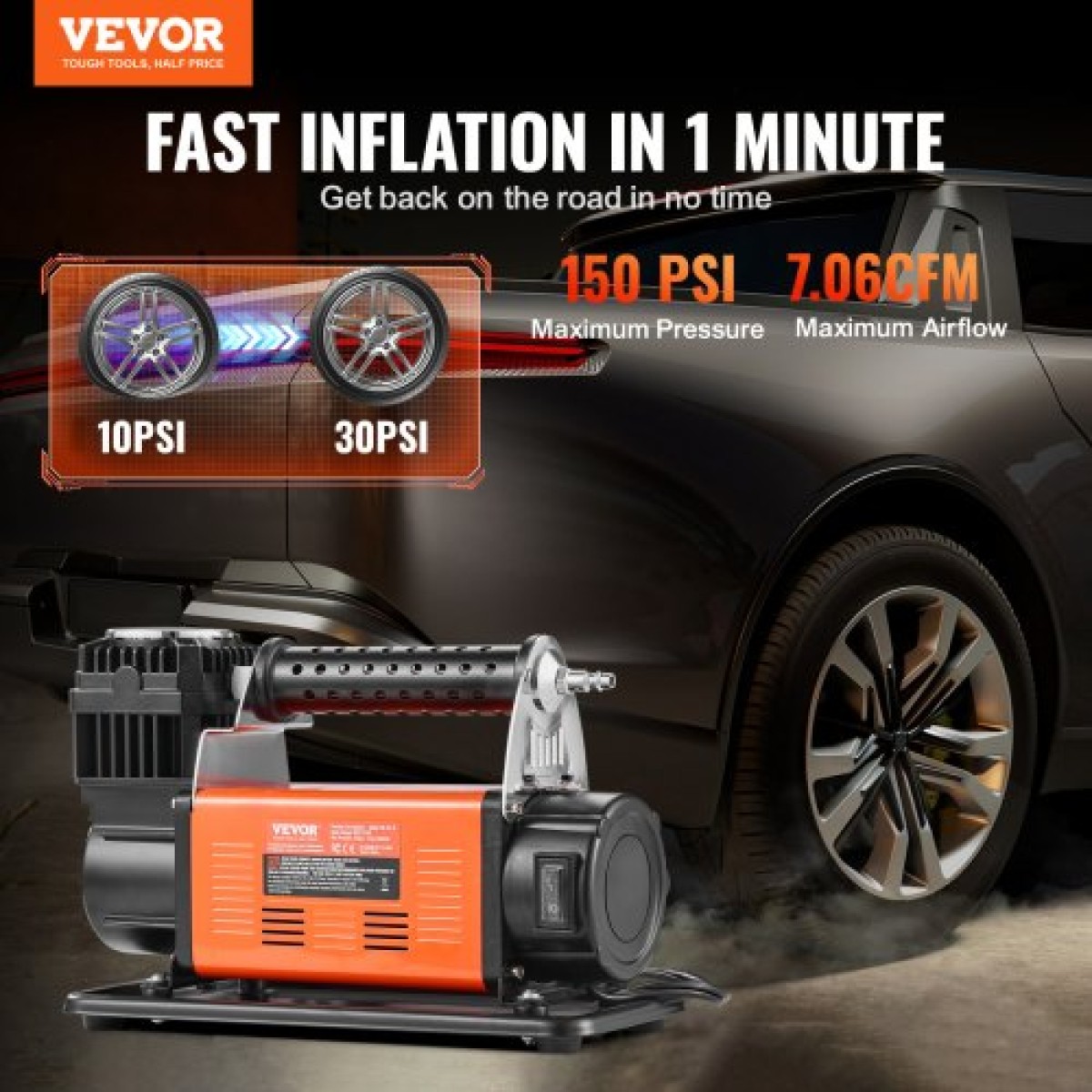 VEVOR 12V Heavy Duty Air Compressor - με κιτ φουσκώματος ελαστικών ψηφιακού μετρητή πίεσης, φορητό φουσκωτό ελαστικών 7,06 CFM, αντλία αέρα εκτός δρόμου 150 PSI με αντάπτορες για φορτηγά Αυτοκίνητο SUV 4 x 4 Vehicle RV