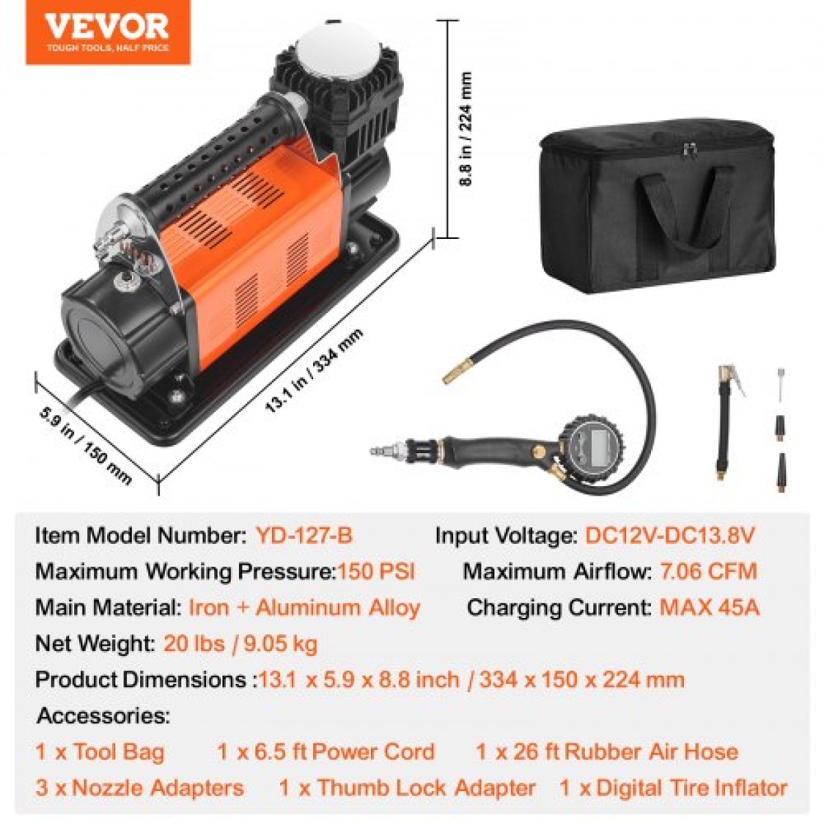 VEVOR 12V Heavy Duty Air Compressor - με κιτ φουσκώματος ελαστικών ψηφιακού μετρητή πίεσης, φορητό φουσκωτό ελαστικών 7,06 CFM, αντλία αέρα εκτός δρόμου 150 PSI με αντάπτορες για φορτηγά Αυτοκίνητο SUV 4 x 4 Vehicle RV