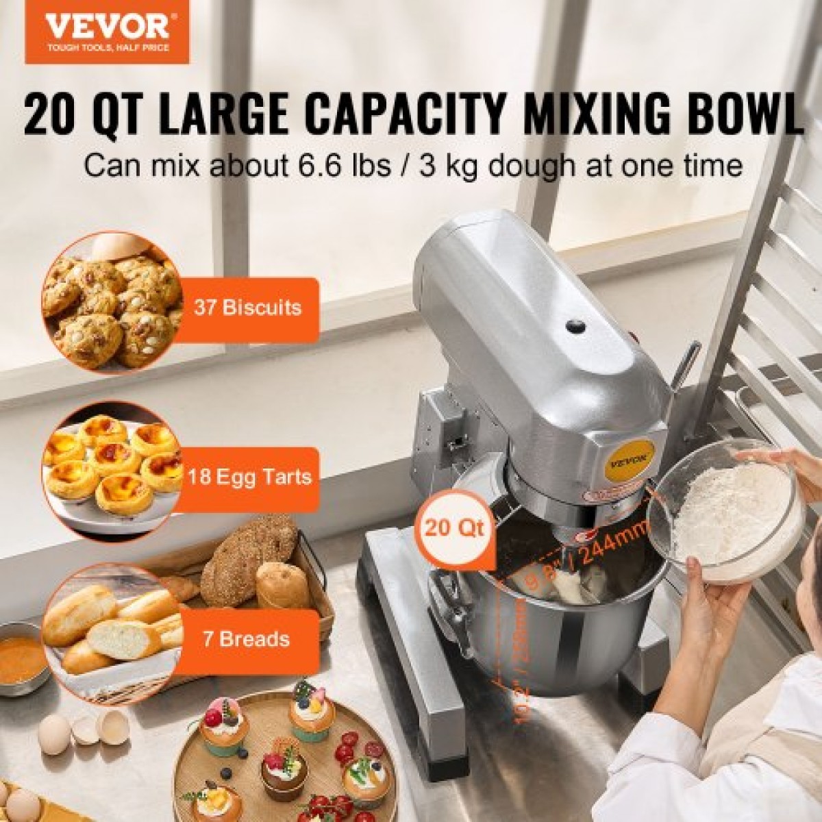 VEVOR Commercial Food Mixer, 18,7L Commercial Stand Mixer με 3 Ρυθμιζόμενες ταχύτητες, 1100W Ζυμίξερ με μπολ από ανοξείδωτο ατσάλι και 3 εξαρτήματα ανάμειξης, Ιδανικό για εστιατόριο, αρτοποιείο, ζαχαροπλαστείο, Caf