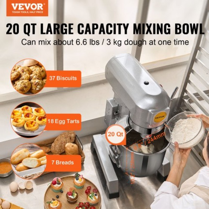 VEVOR Commercial Food Mixer, 18,7L Commercial Stand Mixer με 3 Ρυθμιζόμενες ταχύτητες, 1100W Ζυμίξερ με μπολ από ανοξείδωτο ατσάλι και 3 εξαρτήματα ανάμειξης, Ιδανικό για εστιατόριο, αρτοποιείο, ζαχαροπλαστείο, Caf