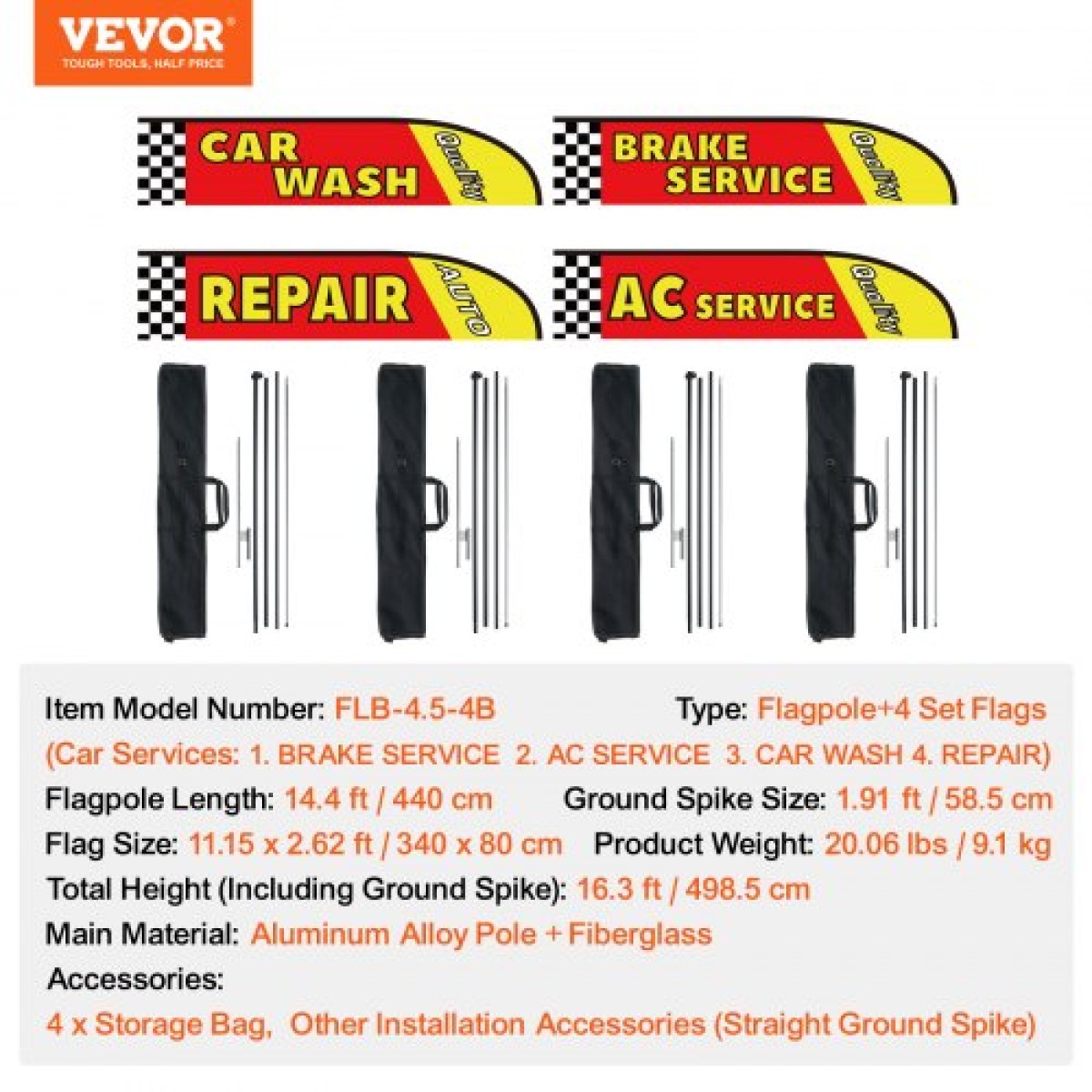 VEVOR Auto Repair Advertising Feather Flag with Pole Kit, Advertising Flags for Business Outside, Περιλαμβάνει 4 Banner Flags, 4 Poles, 4 Ground Stakes, Swooper Flags for Business 16,3 FT