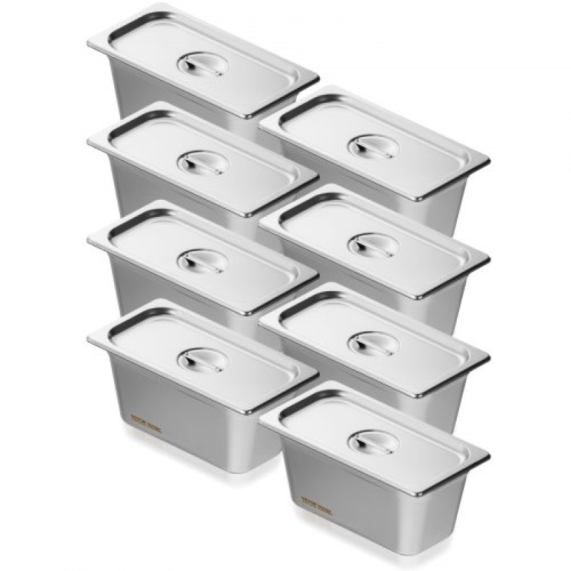 VEVOR 8 Pack Pans Hotel, 1/3 Size Anti-Jam Steam Pan with Kap, πάχους 0,8mm από ανοξείδωτο ατσάλι Επιτραπέζιο τηγάνι ατμού 6 ιντσών, Βαθύ Εμπορικό τηγάνι 6 ιντσών, Αποθηκευτικό τηγάνι τροφοδοσίας, για βιομηχανικό και επιστημονικό