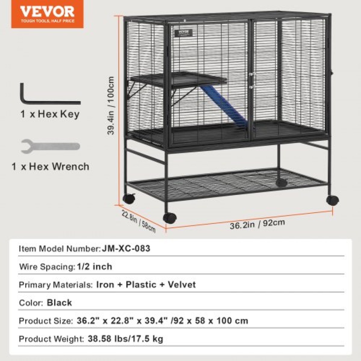 VEVOR 39" κυλιόμενο μεταλλικό κουνάβι, μεγάλο κλουβί για ζώα 2 επιπέδων, μικρό κλουβί ζώων με ράμπες και δίσκο, εύκολο στη ρύθμιση για κατοικίδια αρουραίους, χάμστερ, ινδικό χοιρίδιο, τσιντσιλά, σκίουρος, σκαντζόχοιροι, λαγουδάκι