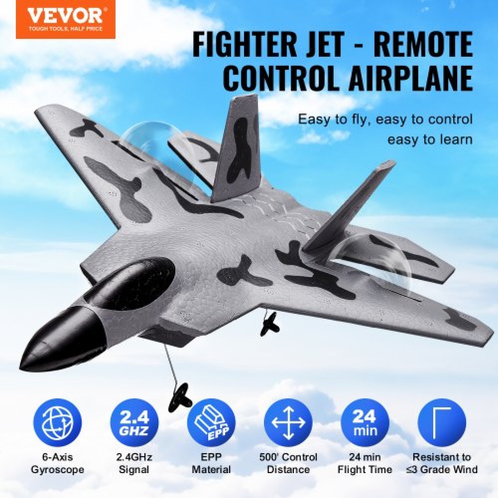 VEVOR RC Plane, 2,4 GHZ 2 Channel Remote Control Airplane with 6-Axis Gyro Stabilizer, Ready to Fly Fighter Aircraft Plane Toy με 2 μπαταρίες, Easy to Fly RC Glider για Ενήλικες Παιδιά Αρχάριους Αγόρια