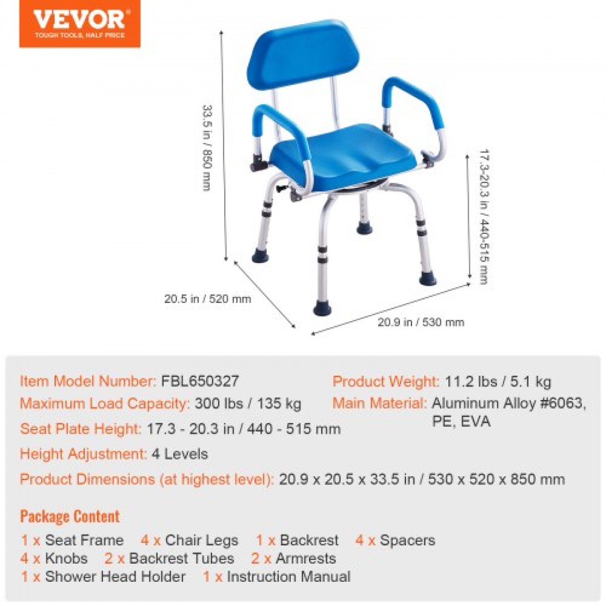 VEVOR Περιστρεφόμενη καρέκλα ντους 360 μοιρών, ρυθμιζόμενο κάθισμα ντους με περιστρεφόμενους βραχίονες & γεμισμένο κάθισμα μπάνιου για εσωτερικό ντους ή μπανιέρα, αντιολισθητική περιστρεφόμενη καρέκλα μπανιέρας για ηλικιωμένα άτομα με ειδικές ανάγκες,