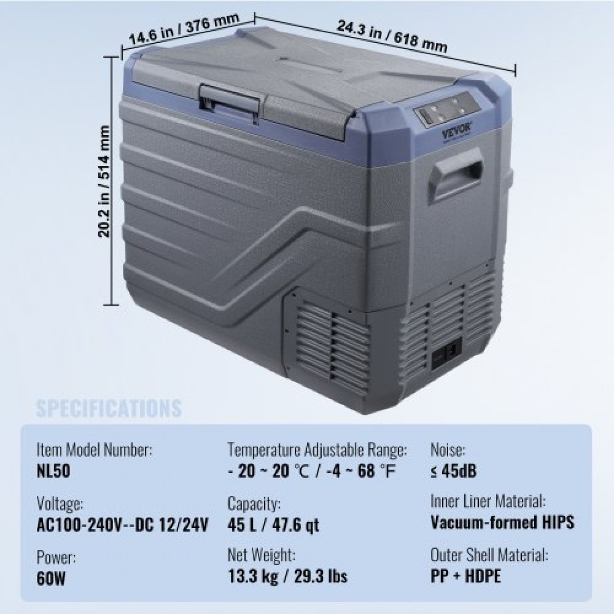 Ψυγείο αυτοκινήτου VEVOR, Ψυγείο αυτοκινήτου 12 Volt, φορητός καταψύκτης 45 L μονής ζώνης με ενσωματωμένο φως, -4℉-68℉, 12/24V DC και 100-240V AC Compressor Cooler για εξωτερικούς χώρους, κάμπινγκ, RV