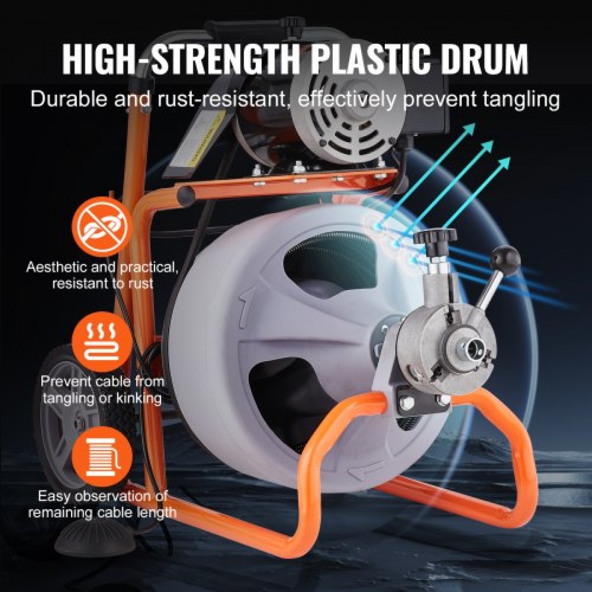 VEVOR Drain Cleaner Machine 30m x 9,5mm, Auto Feed Sewer Snake Drain Auger on Wheels, Portable Drain Cleaning Machine with 8 Cutters & Air-Activated Foot Switch for 50mm to 100mm Pipes