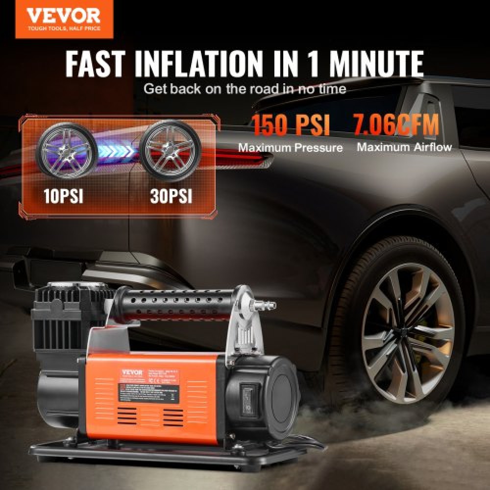 Φορητό φουσκωτό ελαστικών VEVOR 12V, αεροσυμπιεστής βαρέως τύπου 7.06CFM, αντλία αέρα εκτός δρόμου 150 PSI με αντάπτορες για φορτηγό SUV RV αυτοκινήτου - Περιλαμβάνει καλώδιο τροφοδοσίας 6.5FT, σωλήνα αέρα 26FT με μανόμετρο, τσάντα μεταφοράς